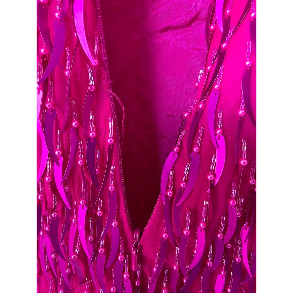 AJ Bari Silk Hot Pink Cattail Sequin Beaded Fringe Vintage Trophy Sheath Dress 6 - Picture 8 of 15